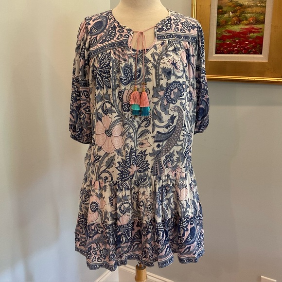 Bell Amelia Mini Dress Blue Pink Floral‎ Tassel Detail
